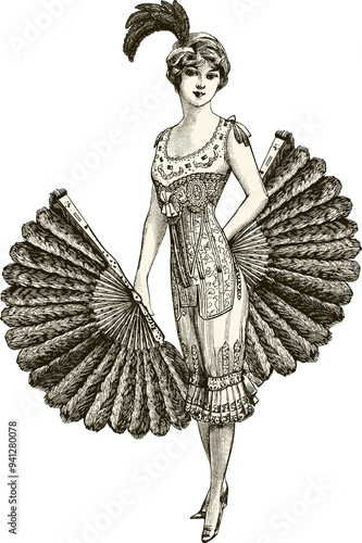 Girl dancing with fan vintage illustration with transparent background