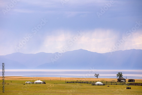 View to the Khuvsgul lake, yurts and mountains in Mongolia. photo