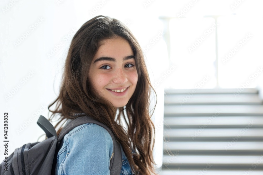 A smiling young girl carries a backpack and poses for the camera, ready for an adventure A smiling young girl carries a backpack and poses for the camera, ready for an adventure