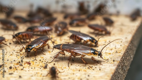 An unsettling image of cockroaches scurrying around a poorly maintained pantry, highlighting the annoyance of infestations and their attraction to available food sources photo