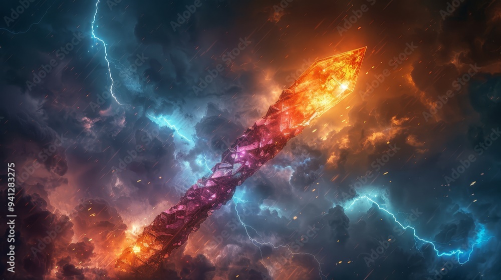 A fiery, celestial arrow pierces a stormy nebula, surrounded by bolts of lightning. A fiery, celestial arrow pierces a stormy nebula, surrounded by bolts of lightning.