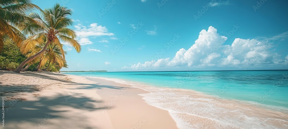 Tropical summer beach and palm tree. Generative AI technology.
Tropical summer beach and palm tree. Generative AI technology.