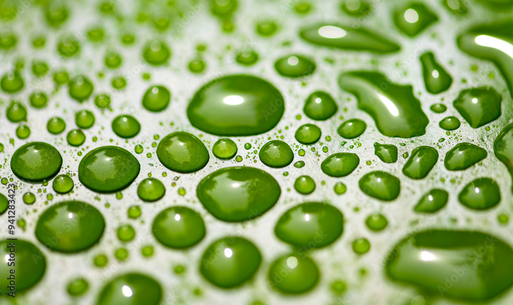 Wet surface of monochrome green leaf with dew droplets. Macro close up of water lily leaf (Nymphaeaceae) floating on a garden pond in Germany after rain in summer. Perfect reflection in natural lenses Wet surface of monochrome green leaf with dew droplets. Macro close up of water lily leaf (Nymphaeaceae) floating on a garden pond in Germany after rain in summer. Perfect reflection in natural lenses