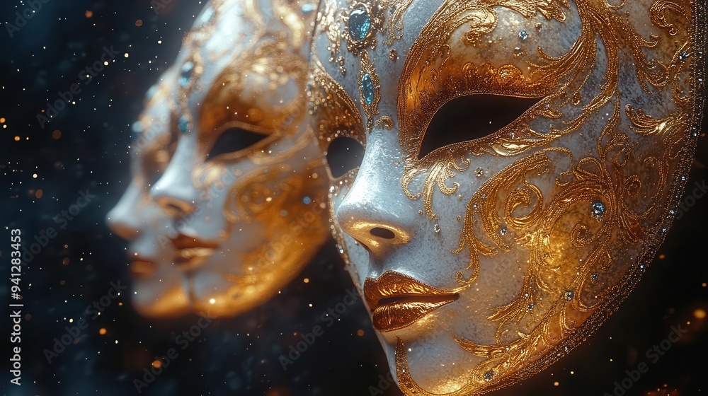venetian carnival masks floating in zero gravity intricate designs and jewels catching light against dark background venetian carnival masks floating in zero gravity intricate designs and jewels catching light against dark background