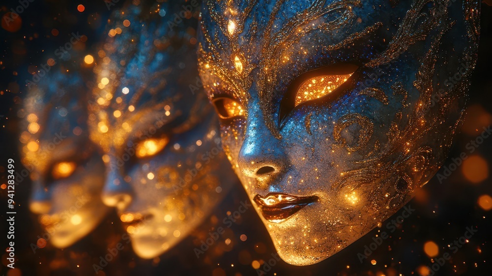 venetian carnival masks floating in zero gravity intricate designs and jewels catching light against dark background venetian carnival masks floating in zero gravity intricate designs and jewels catching light against dark background