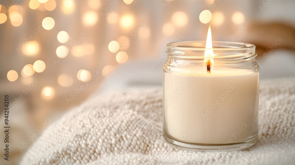 A bright white candle in a glass jar, lit flame, soft focus bokeh background, warm golden lights, close-up, high-key lighting, minimalist, serene atmosphere, textured surface. A bright white candle in a glass jar, lit flame, soft focus bokeh background, warm golden lights, close-up, high-key lighting, minimalist, serene atmosphere, textured surface.