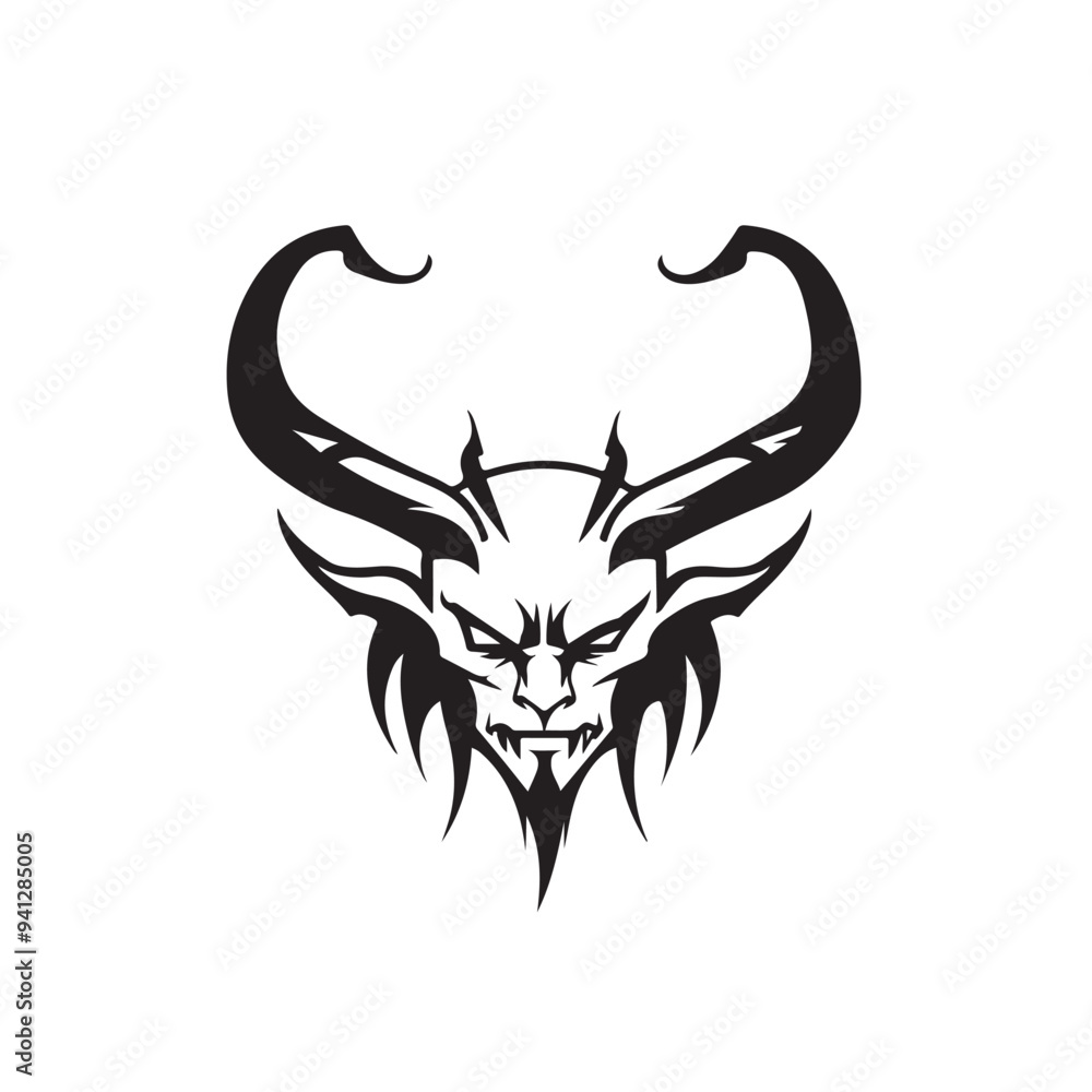 Demonic Elegance A Monochrome Vector Logo Showcasing a Sinister Horned Demon in Black and White Demonic Elegance A Monochrome Vector Logo Showcasing a Sinister Horned Demon in Black and White