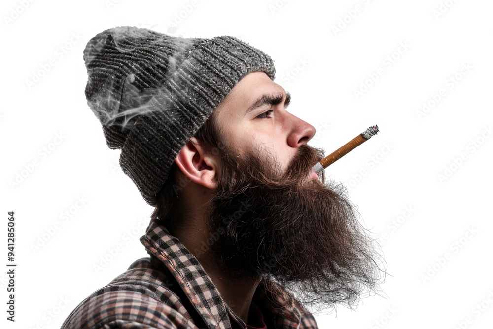 Obraz premium A man holds a cigarette and has a beard