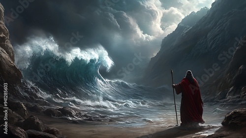 A lone figure in red robes stands before a colossal wave crashing against rocky cliffs. photo