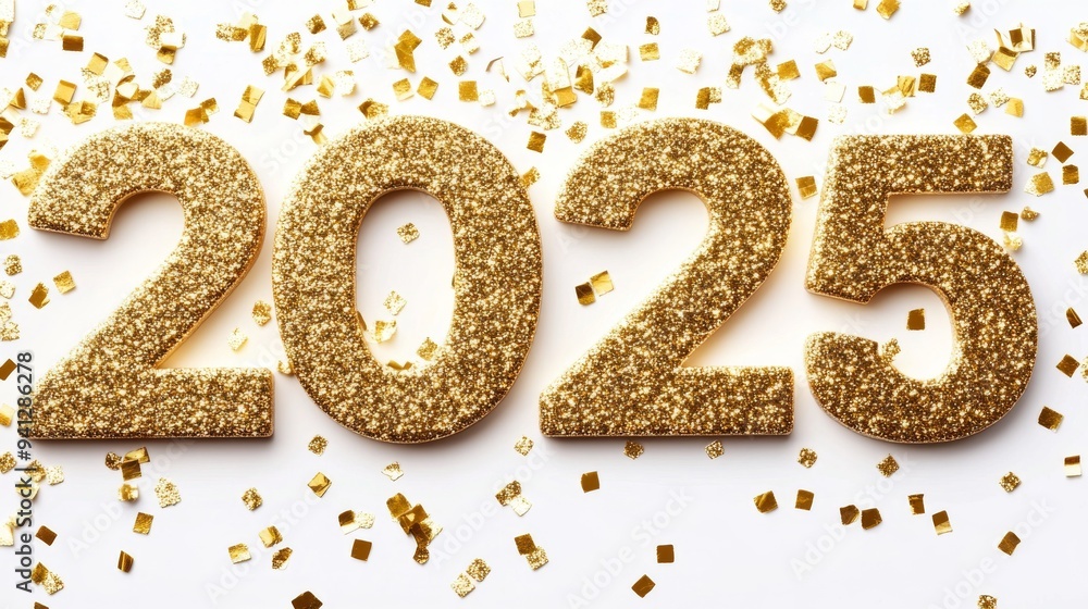 GLAMOROUS NEW YEAR 2025. Gold numbers 2025 with ribbons and flying confetti on a white background. GLAMOROUS NEW YEAR 2025. Gold numbers 2025 with ribbons and flying confetti on a white background.