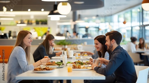 26. A team of office workers enjoying lunch at a modern cafeteria with bright, comfortable seating