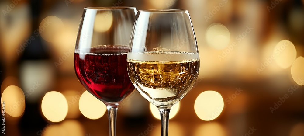 Red and white wine glass with bokeh light sparkle background. Generative AI technology.