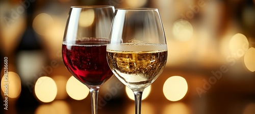 Obraz na płótnie Red and white wine glass with bokeh light sparkle background. Generative AI technology.
w salonie