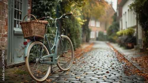 Wallpaper Mural A vintage bicycle with a wicker basket parked by a quaint street Torontodigital.ca