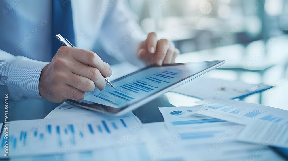 28. A professional office worker using a tablet to review a presentation, surrounded by notes and pens 28. A professional office worker using a tablet to review a presentation, surrounded by notes and pens