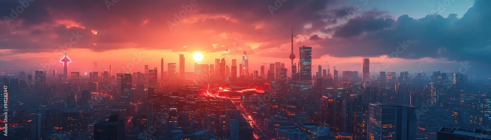 Futuristic cityscape transforming from day to night, neon lights activating, 3D animation Futuristic cityscape transforming from day to night, neon lights activating, 3D animation