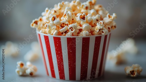 vibrant carnivalinspired popcorn bucket red and white stripes overflowing with golden kernels set against a stark white backdrop dramatic lighting photo