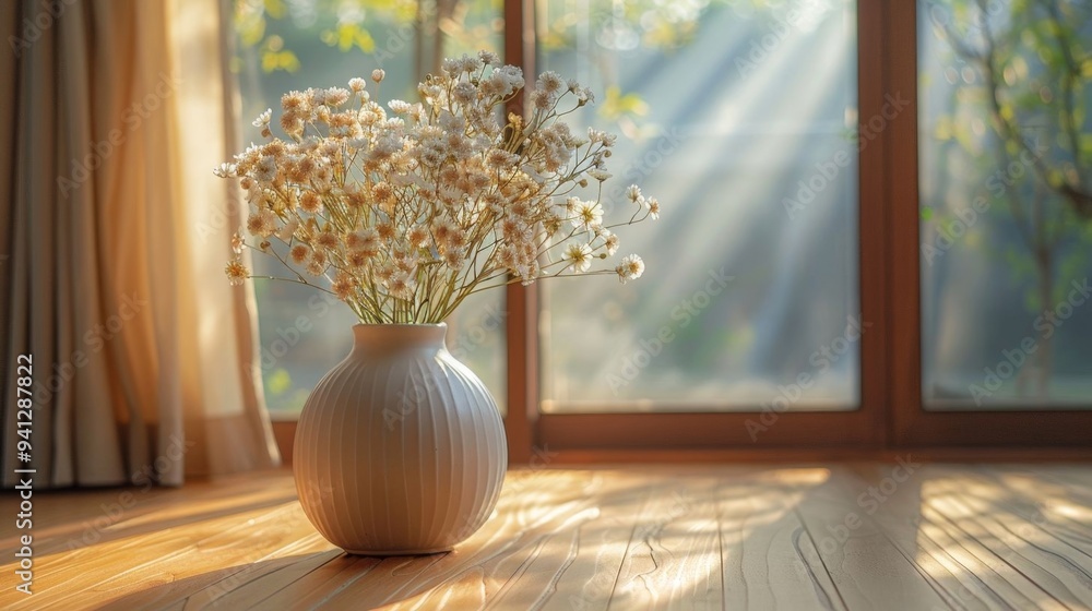 A beautiful vase filled with delicate Star of Bethlehem flowers stands in a cozy room, illuminated by soft sunlight. A beautiful vase filled with delicate Star of Bethlehem flowers stands in a cozy room, illuminated by soft sunlight.