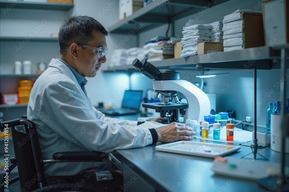 Disabled Lab Scientist Analyzing Vials: Inclusivity in Cancer Research and STEM Fields Disabled Lab Scientist Analyzing Vials: Inclusivity in Cancer Research and STEM Fields