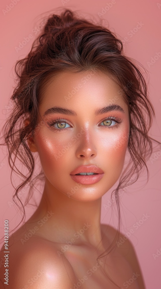 Naklejka premium beautiful model woman with amazing shining skin on blush pink gradient background, beauty portrait