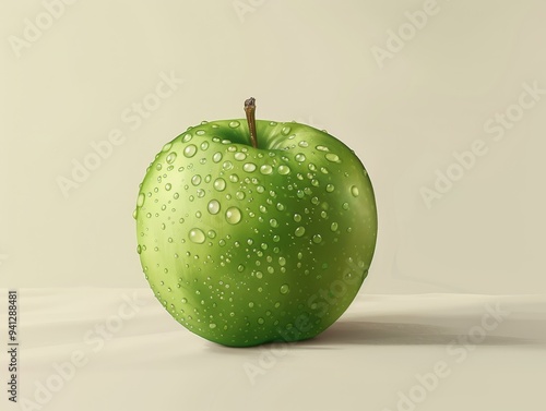 A fresh, green apple with water droplets on its skin.  The apple is set against a white background.