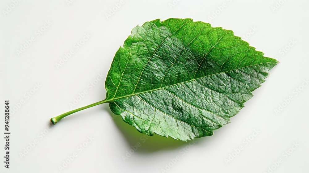 Fototapeta premium A single, green leaf on a white background, emphasizing natural simplicity