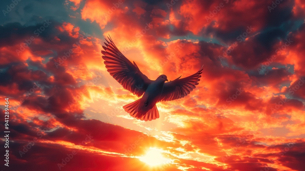 Fototapeta premium A silhouette of a bird flying against a bright, dramatic sunset, creating a striking visual