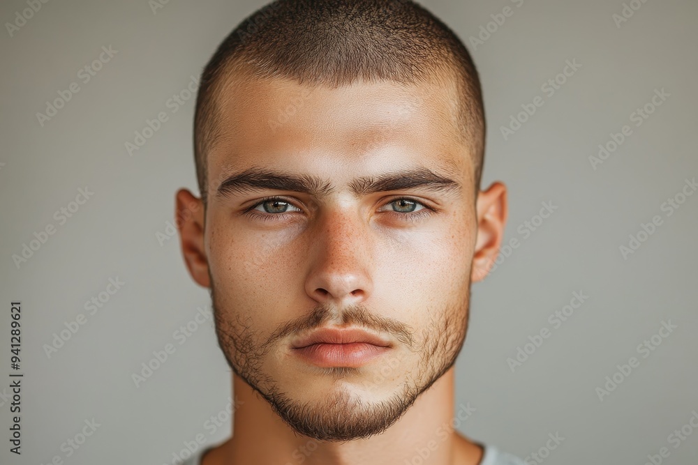 attractive male with buzz cut, portrait of caucasian serious man