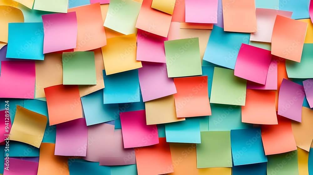 Colorful array of sticky notes, vibrant pastel hues, organized chaos, flat lay photography, office supplies, creative brainstorming concept, multi-colored paper squares. Colorful array of sticky notes, vibrant pastel hues, organized chaos, flat lay photography, office supplies, creative brainstorming concept, multi-colored paper squares.