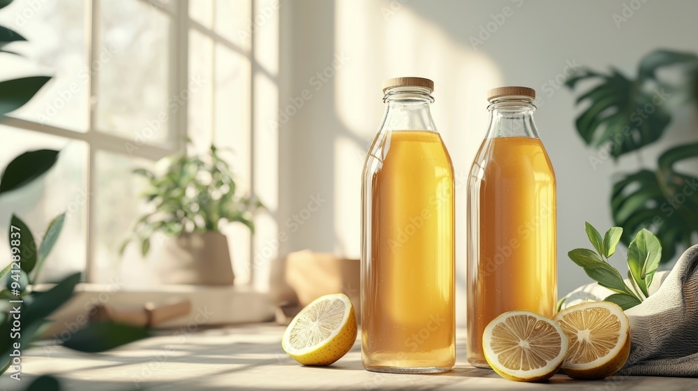 Two Bottles of Kombucha with Lemons in a Bright Kitchen Two Bottles of Kombucha with Lemons in a Bright Kitchen