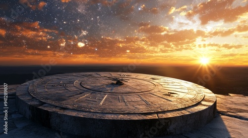 In a mystical atmosphere, a glowing ancient stone sundial glows at midnight under a starlit new year's sky. The clock for the year 2025 is shown in the figure below.