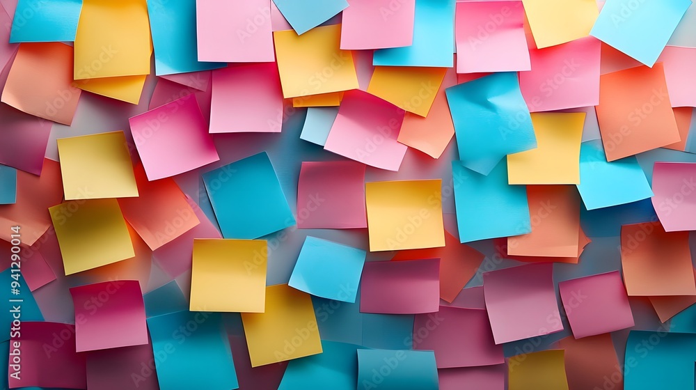Colorful array of sticky notes, vibrant pastel hues, organized chaos, flat lay photography, office supplies, creative brainstorming concept, multi-colored paper squares. Colorful array of sticky notes, vibrant pastel hues, organized chaos, flat lay photography, office supplies, creative brainstorming concept, multi-colored paper squares.