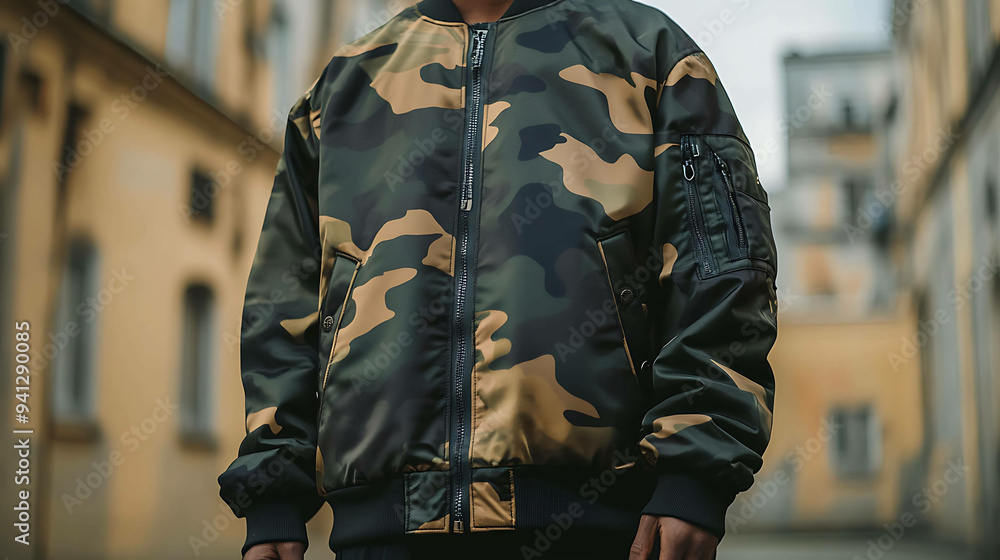 Close up of a man wearing a stylish camouflage bomber jacket. Close up of a man wearing a stylish camouflage bomber jacket.