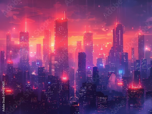 Wallpaper Mural A futuristic cityscape bathed in neon light, with towering skyscrapers and a vibrant, colorful sky. Torontodigital.ca