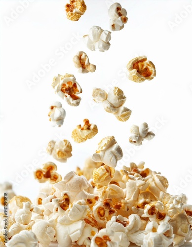 Flying popcorn, isolated on white background. Copy space