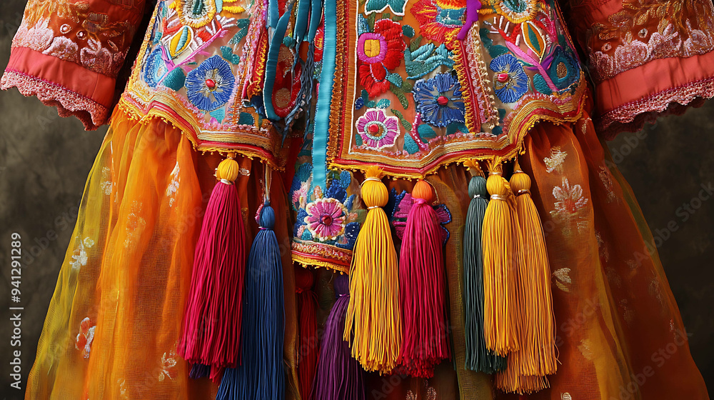 Close up of a colorful, embroidered dress with tassels. Close up of a colorful, embroidered dress with tassels.