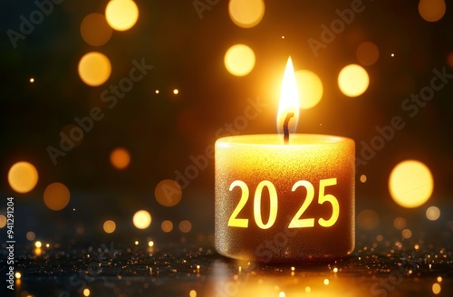 In the form of the number 2025, golden candles form the festive background of Happy New Year 2025.