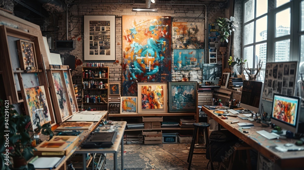 An artist's studio with dramatic lighting highlighting their work in progress An artist's studio with dramatic lighting highlighting their work in progress