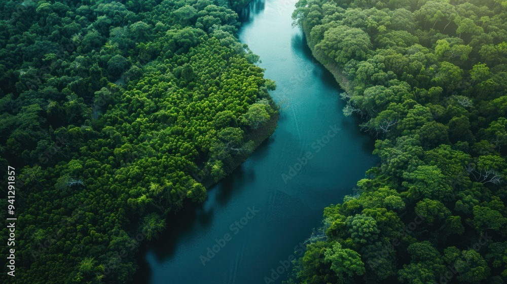 Aerial view of a winding river cutting through a dense forest Aerial view of a winding river cutting through a dense forest