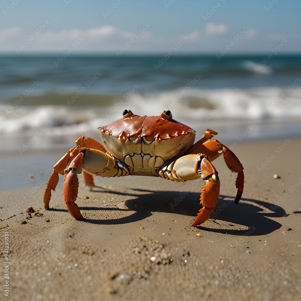 A crab scuttling across the sand with the ocean in the background A crab scuttling across the sand with the ocean in the background