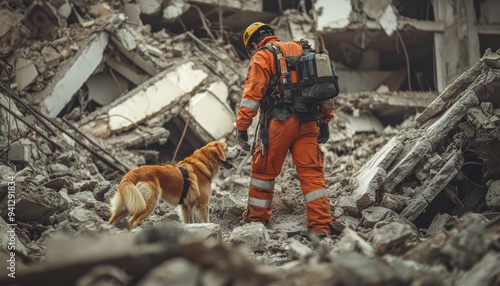 Emergency rescue teams mobilize with search dogs to find survivors in collapsed building rubble photo