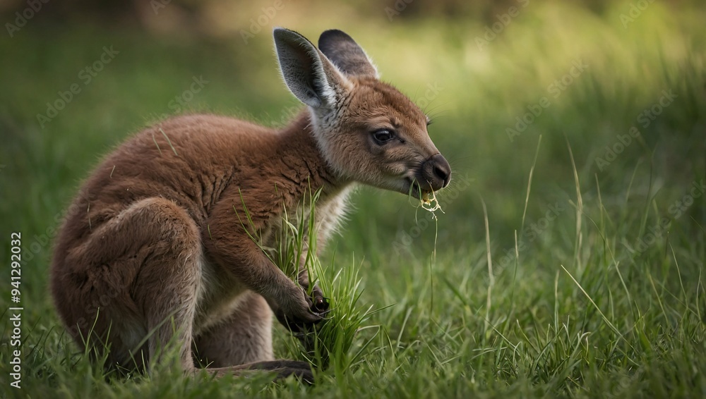 A baby kangaroo chewing on grass with a soft, blurred green background A baby kangaroo chewing on grass with a soft, blurred green background