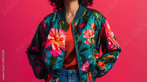 A young woman with curly hair wears a teal floral bomber jacket over an orange shirt.