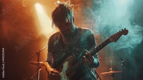 Musician playing guitar on stage, with a single spotlight highlighting their intense performance