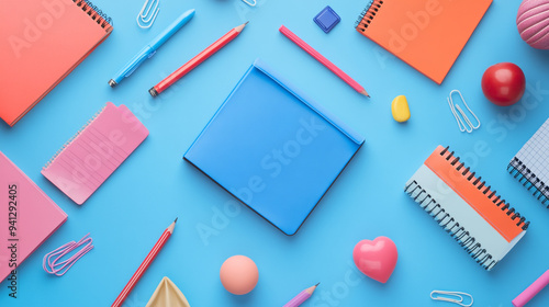 A vibrant and colorful classroom scene showcasing a variety of school supplies neatly arranged on desks