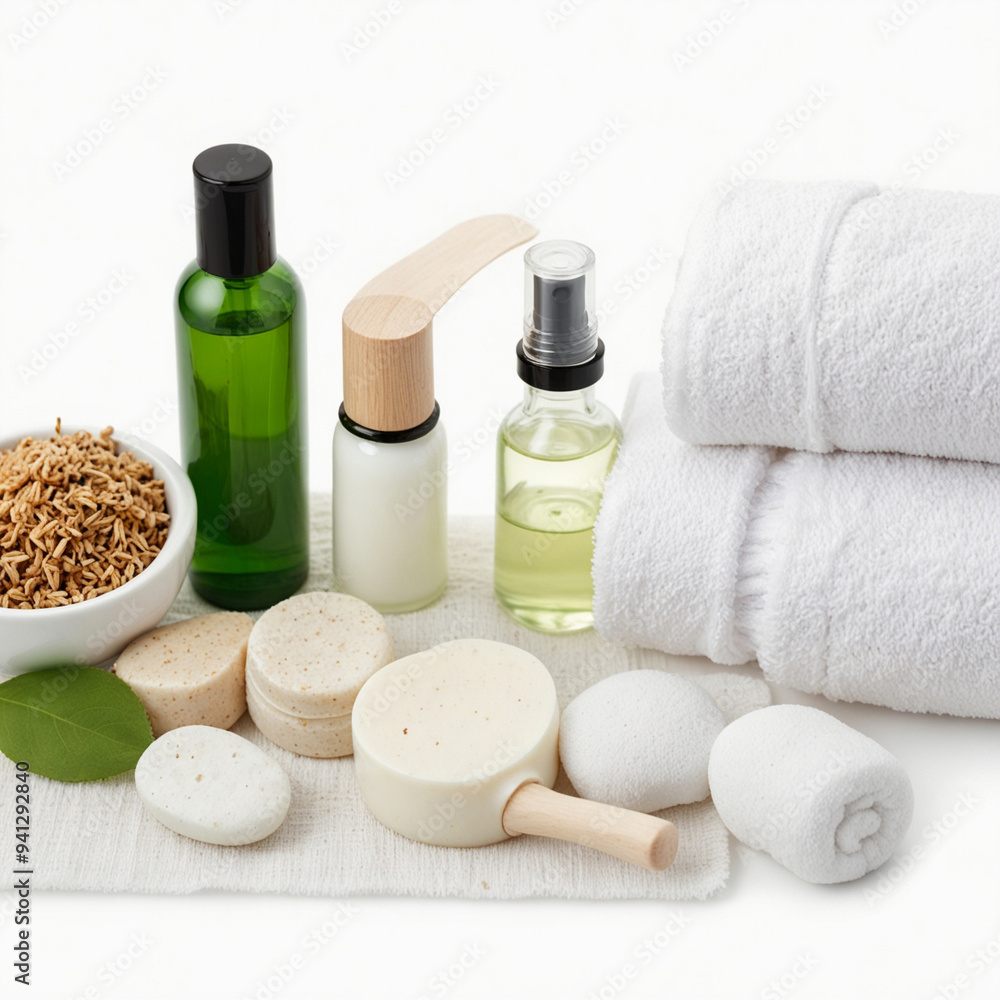 Various spa products are laid out, isolated on white background Various spa products are laid out, isolated on white background