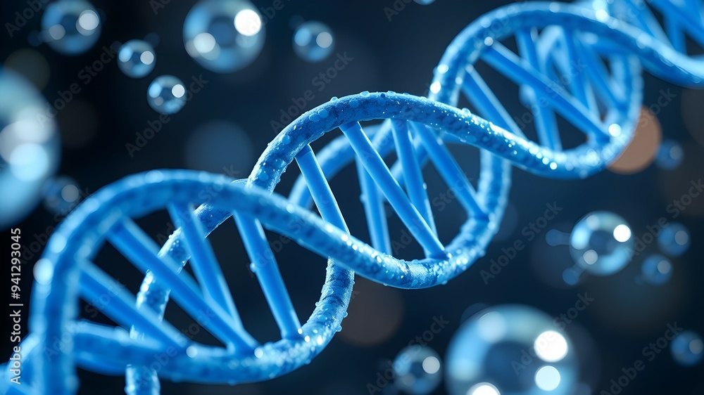 Detailed Close-Up of 3D DNA Double Helix with Floating Molecules and Atoms, Enhanced by Blue Shades and Depth Illumination Detailed Close-Up of 3D DNA Double Helix with Floating Molecules and Atoms, Enhanced by Blue Shades and Depth Illumination