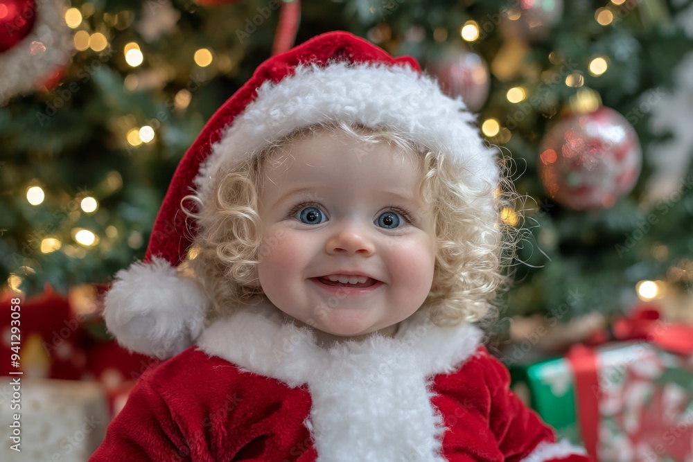 The lights of the Christmas tree glow behind a toddler in a Santa suit, smiling with excitement. The lights of the Christmas tree glow behind a toddler in a Santa suit, smiling with excitement.