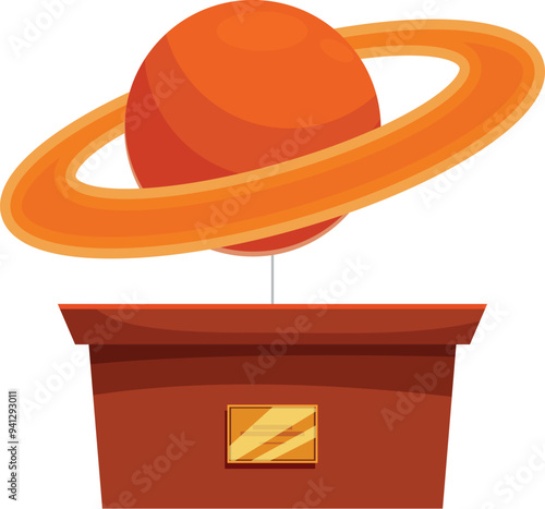 Model of a planet with a ring system, such as saturn or jupiter, on display on a stand with a plaque