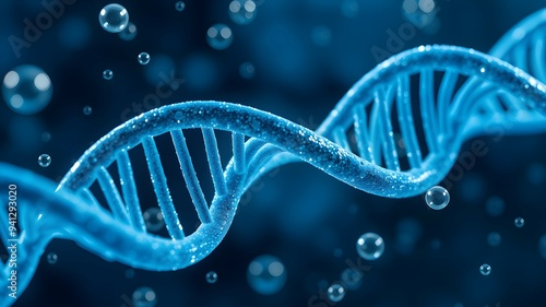 Detailed Close-Up of 3D DNA Double Helix with Floating Molecules and Atoms, Enhanced by Blue Shades and Depth Illumination